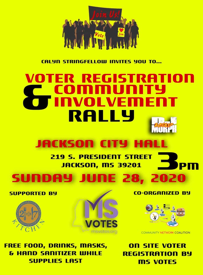 Flyer for a voter registration rally at Jackson City Hall on June 28, 2020.