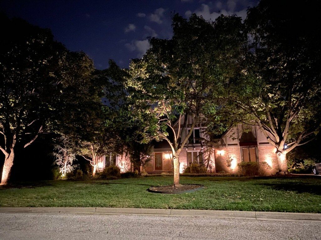 Night-lit house and trees with golden spotlights, green lawn, dark sky.