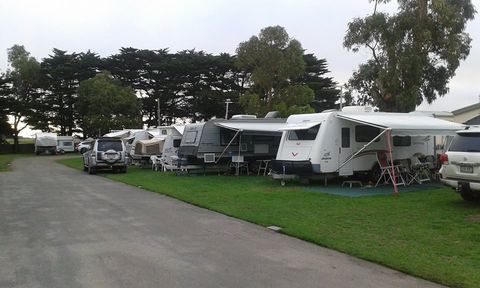 Powered site at Gum Tree Caravan Park with caravans and gum trees
