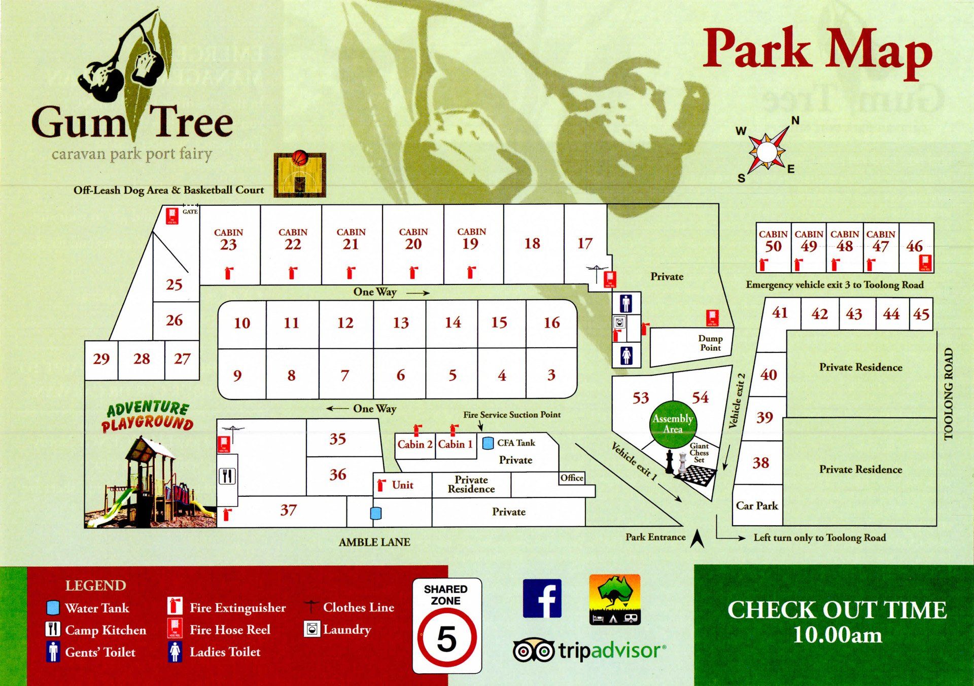 Gum Tree Caravan Park map showing cabins, powered and unpowered sites, toilet, laundry facilities, playground and more