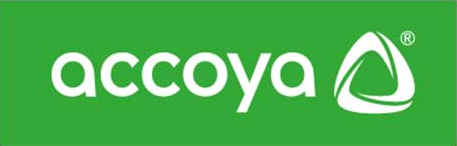 Accoya logo in white on a green background with a stylized triangular leaf icon