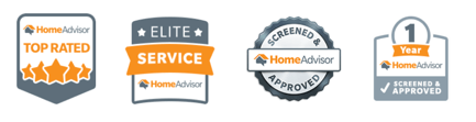 Five HomeAdvisor service approval badges and awards in orange, blue, gray, and white