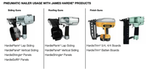 James Hardie pneumatic nailer usage chart with nail guns for siding, roofing, and fencing boards.