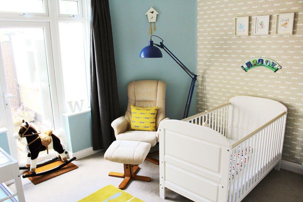 blue, yellow and white nursery room decor