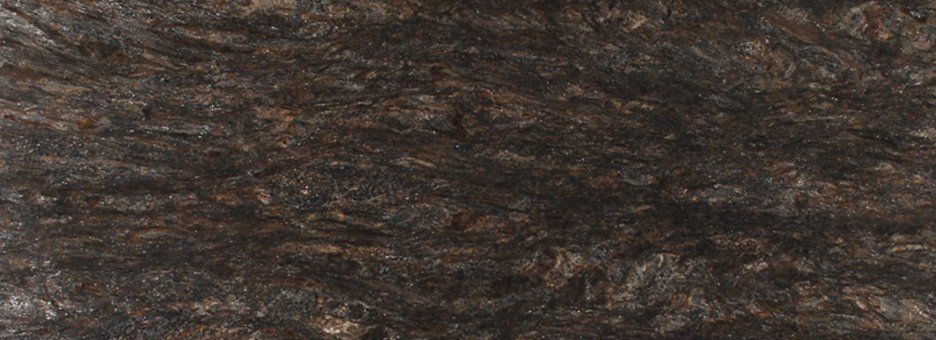 A close-up texture of dark brown, black, and tan granite stone with flowing, organic mineral patterns.