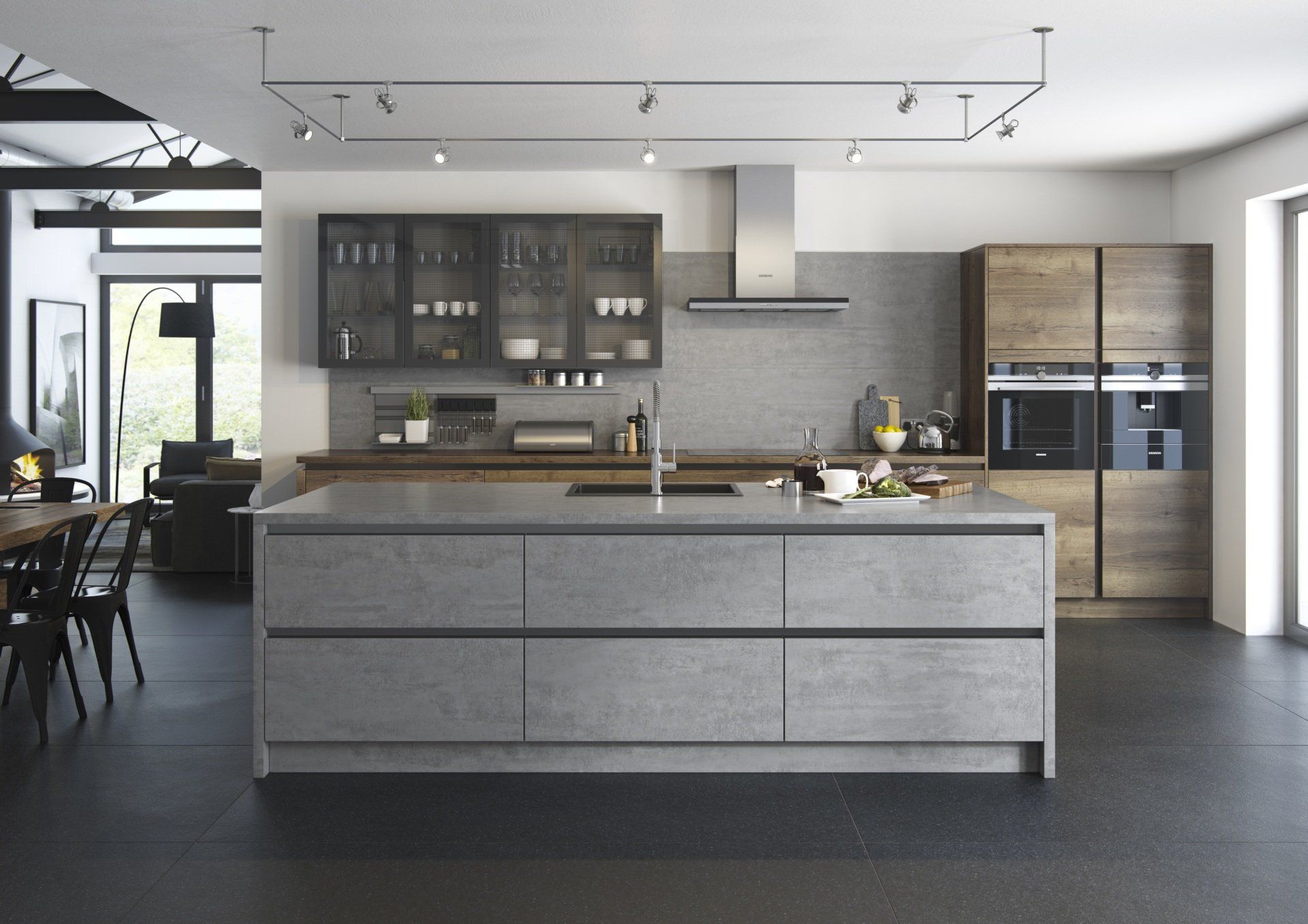 A modern kitchen featuring a gray island, wooden cabinets, stainless steel appliances, and a gray stone backsplash.