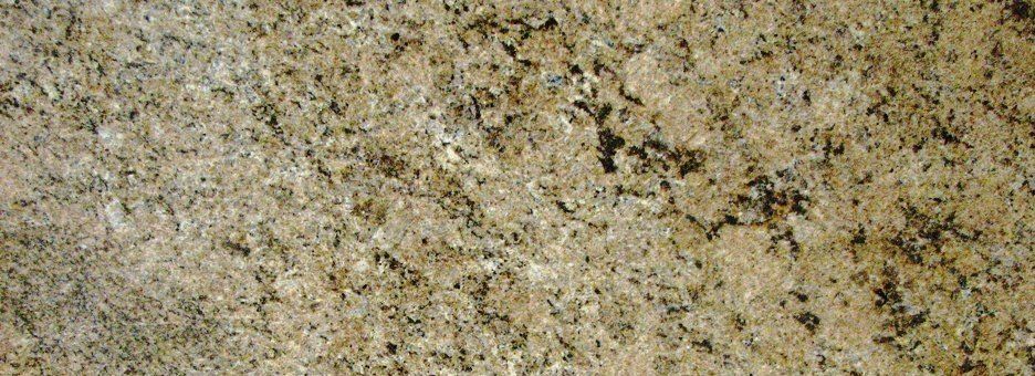 A close-up view of a polished granite surface featuring speckled patterns in shades of beige, tan, brown, and black.