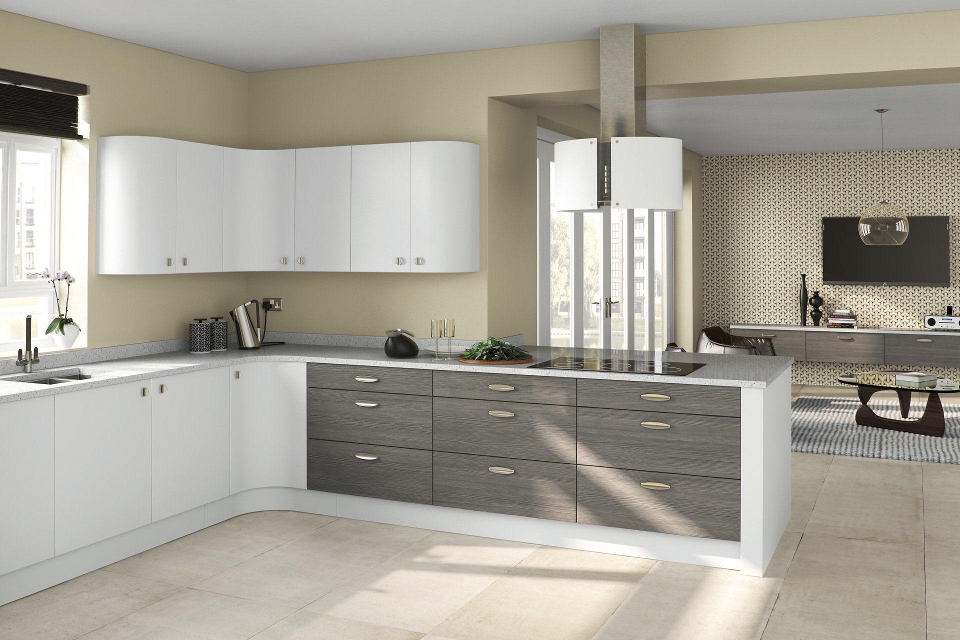 A modern L-shaped kitchen with white upper cabinets, dark wood-grain lower drawers, and white countertops.