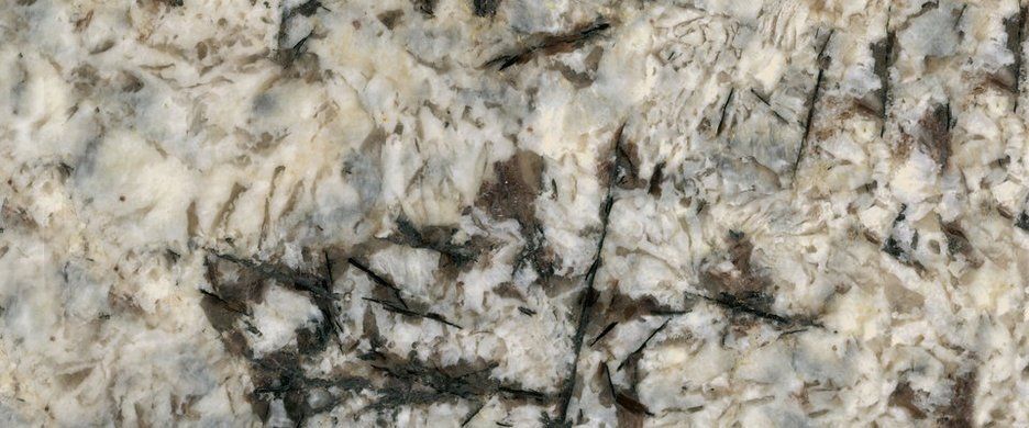 Close-up of a granite countertop slab featuring a mottled pattern of white, gray, and tan with dark mineral veins.