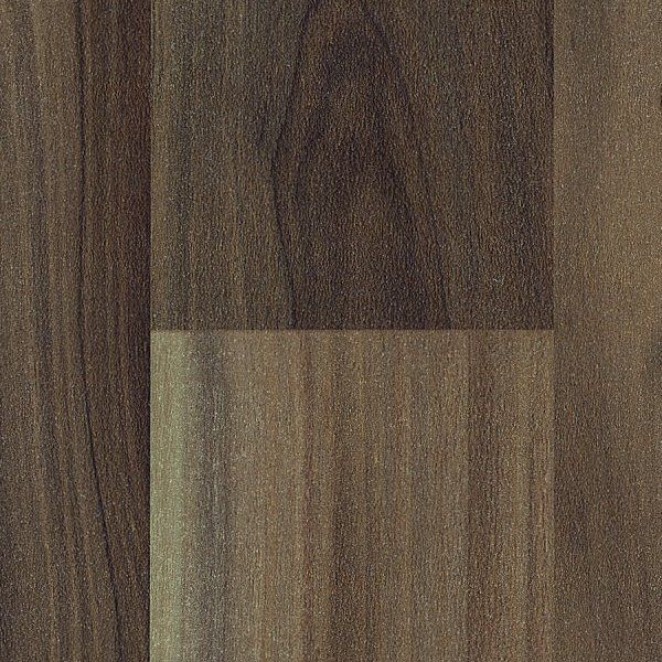 A close-up view of dark brown wood-grain laminate flooring planks with a prominent vertical seam and varying color tones.