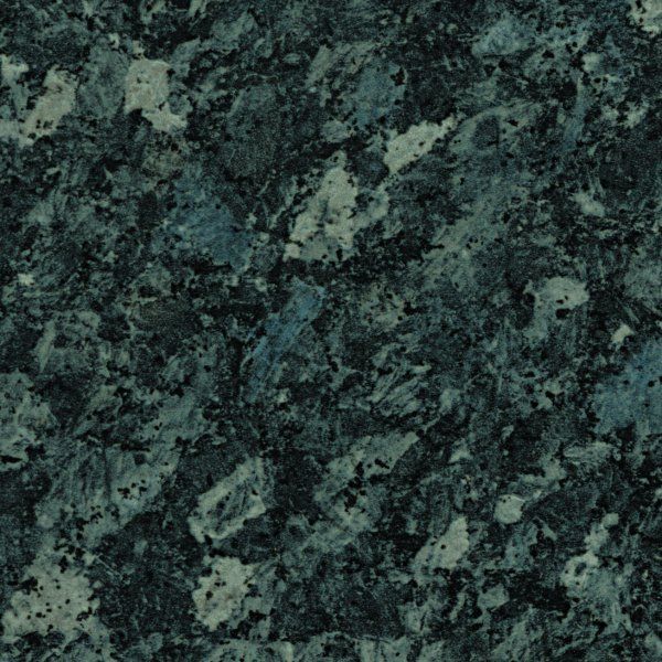 Close-up of polished granite slab with a mottled pattern of dark green, black, and light gray mineral crystals.