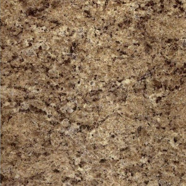 Close-up of a granite countertop slab with a textured pattern of beige, tan, and dark brown speckles.
