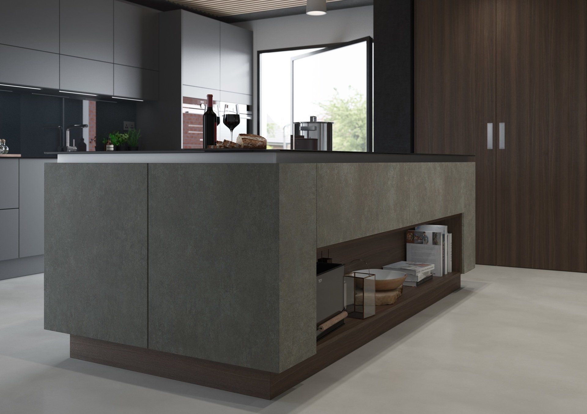 A modern kitchen island with a dark gray stone base, wooden shelf accents, and a dark countertop in a minimalist room.