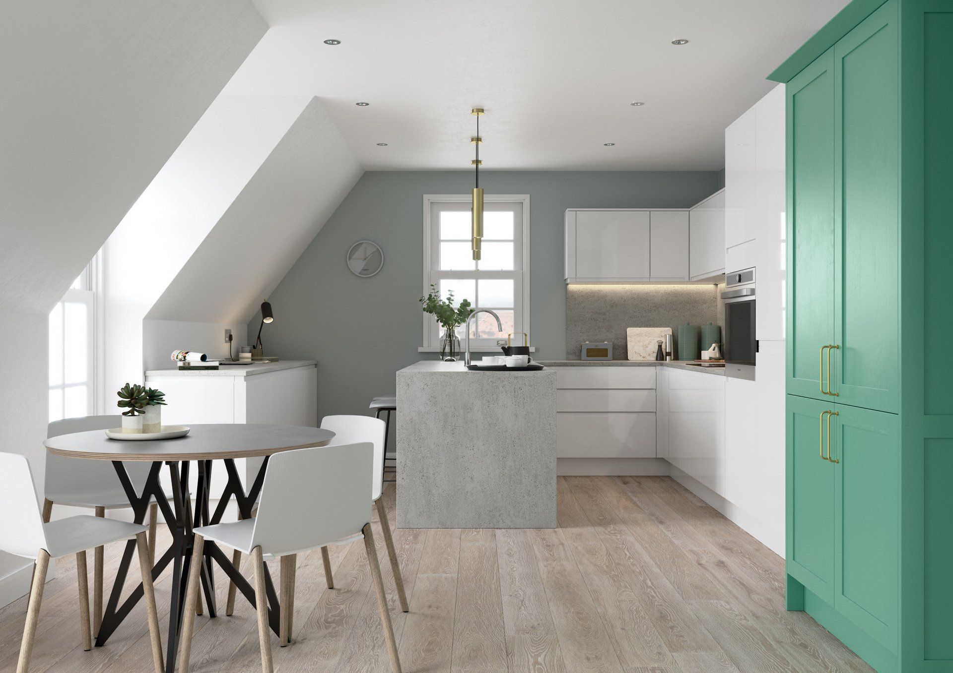 A modern kitchen with white cabinetry, a teal pantry, a light grey island, and a dining area with a round table and chairs.