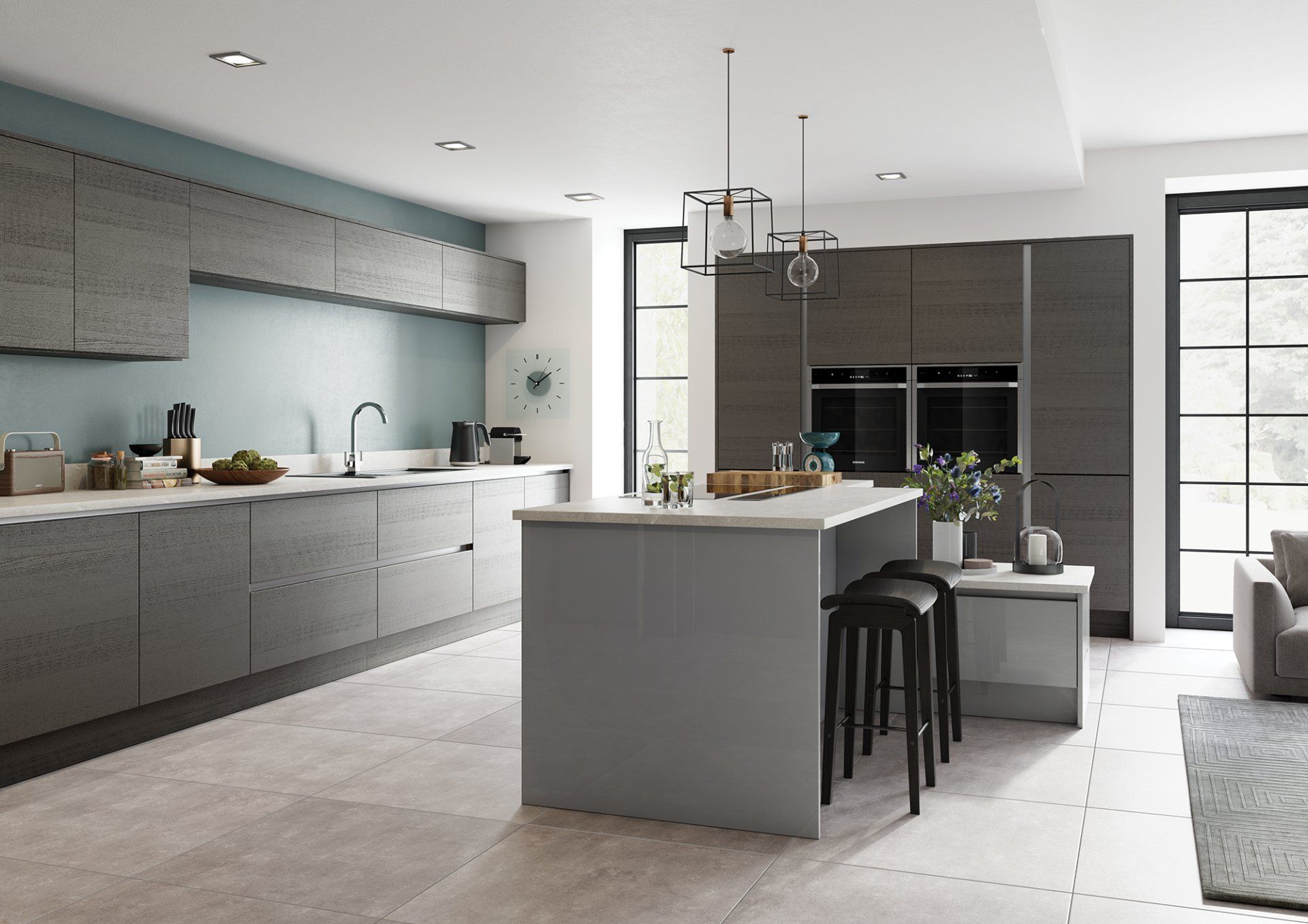 A modern kitchen with dark wood cabinetry, a light gray island with bar stools, a blue backsplash, and large windows.