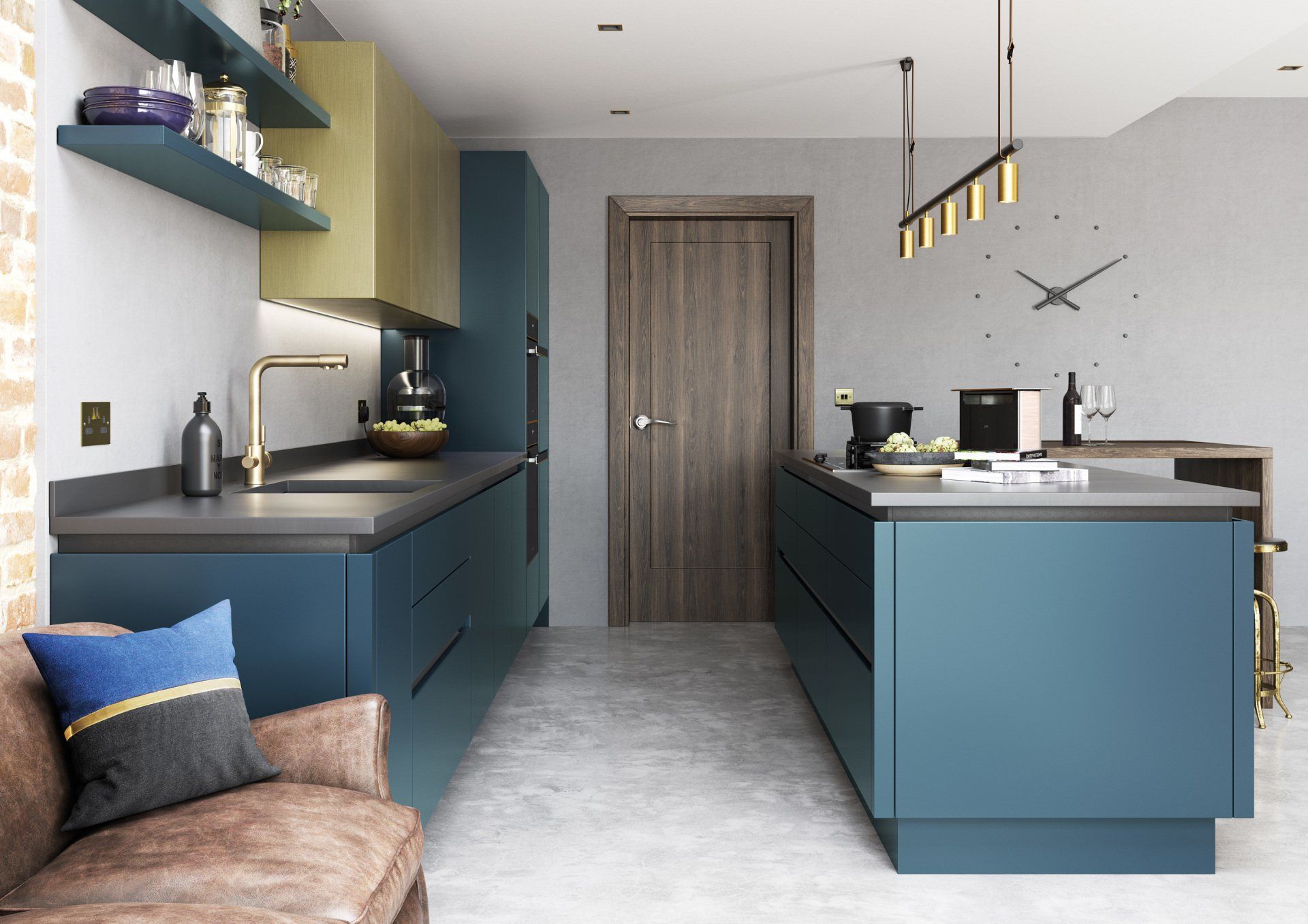 Modern kitchen featuring blue cabinetry, a central island, a gold cupboard, and a brown leather couch in the foreground.