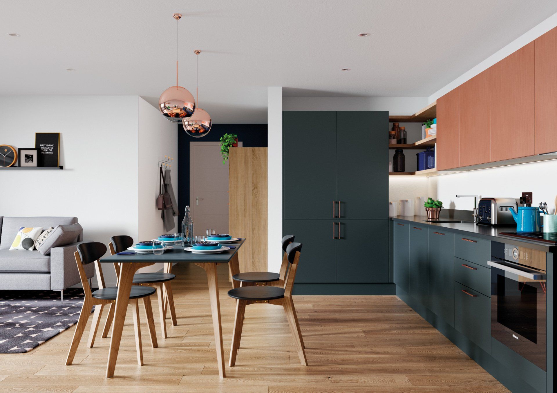 A modern open-concept kitchen and dining area featuring dark green cabinets, wood-toned upper cupboards, and wood flooring.