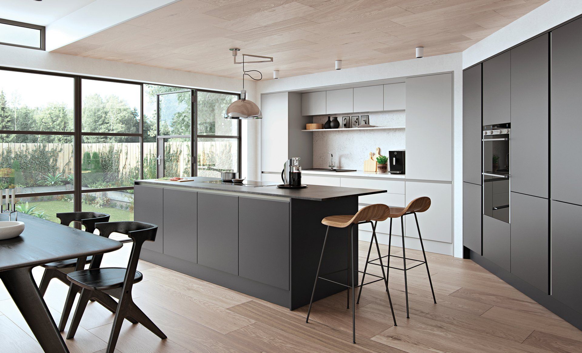 Modern kitchen featuring a dark island with bar stools, light wood ceiling, and floor-to-ceiling windows overlooking a yard.