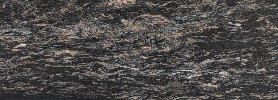 Close-up of a slab of granite with a dark, marbled pattern of black, charcoal, and warm tan veins.