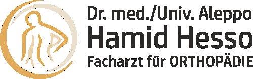 Logo: Ortopedi uzmanı Dr. Hamid Hesso. Vücut hatlarını gösteren grafik ve metin içerir.