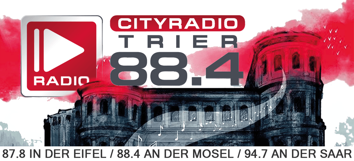 Ein Logo für Stadtradio Trier 88,4 mit einem Gebäude im Hintergrund