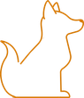 Silhouette of a dog, orange outline, sitting with a curved tail and perked ears.