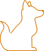 Silhouette of a dog, orange outline, sitting with a curved tail and perked ears.