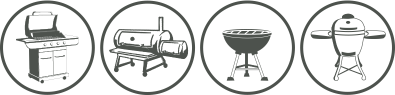 Icons of a smoker, charcoal grill, and ceramic grill