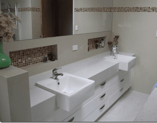 White colour quartz surface installed on the storage cabinets