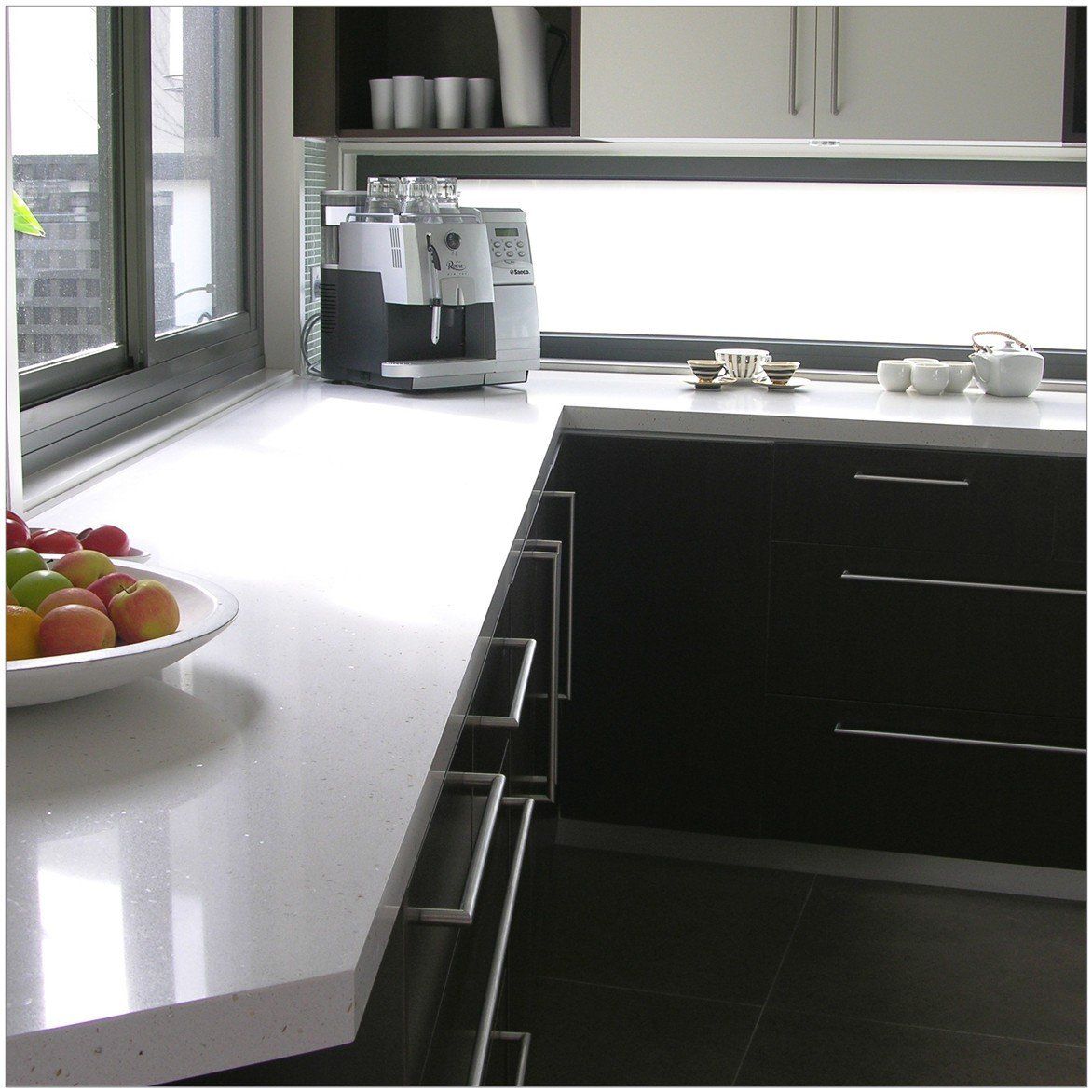 White colour quartz surface installed on the storage cabinets