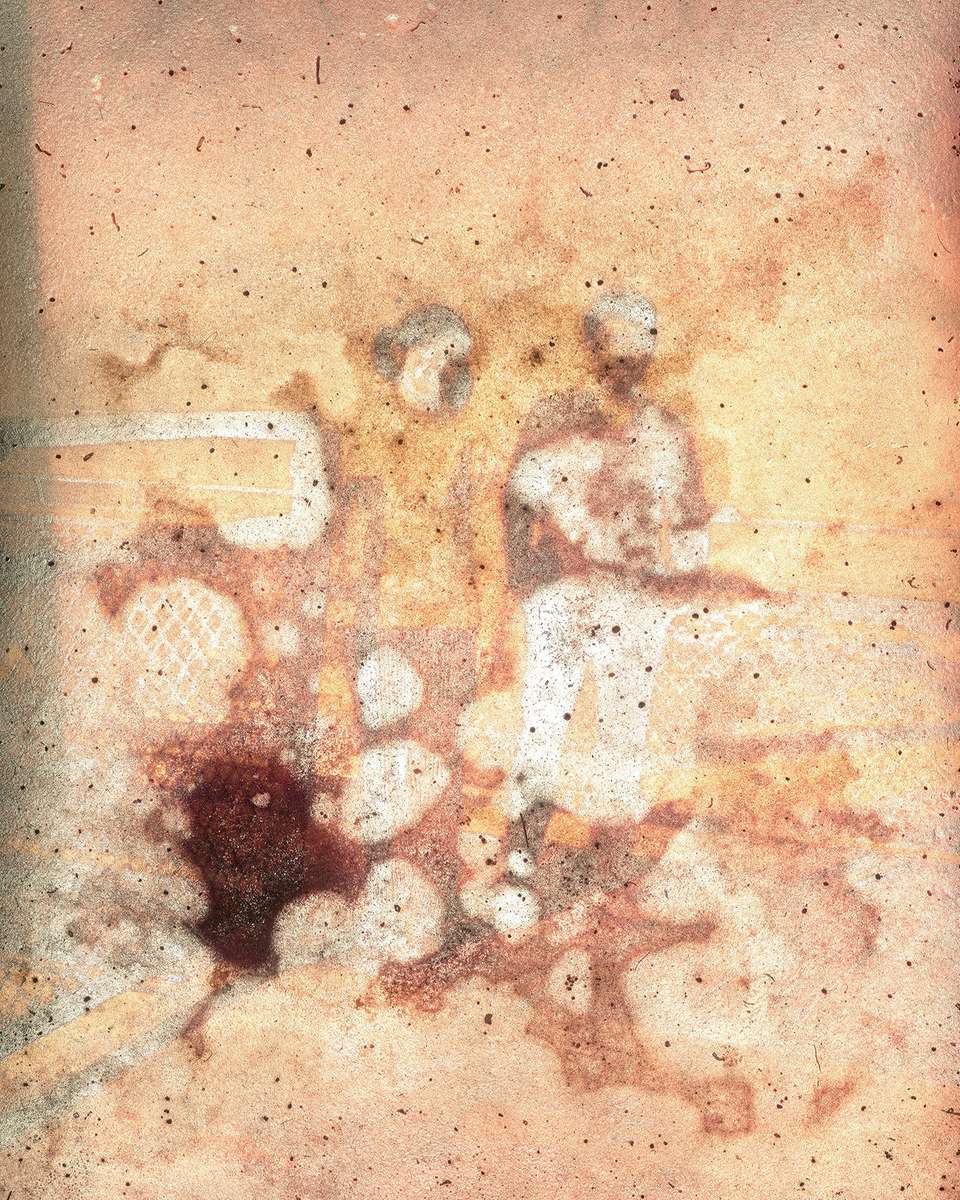  One half frame 135mm colour reversal film slide. “Sept. 70” hand-written on Agfacolor branded heat-sealed cardboard slide mount. In Agfacolor-brand orange plastic slide box containing a torn piece of yellow lined paper with the word “Everybody” written in cursive. // Emulsion side up. 150x magnification. Partial coaxial episcopic and transmitted illumination. Cropped. // 100x80cm archival pigment print on Ilford Galerie Smooth Cotton Rag paper.  Dimensions: 100x80cm  Medium: archival pigment print on Ilford Galerie Smooth Cotton Rag paper Edition of 5 + 1 artist proof 