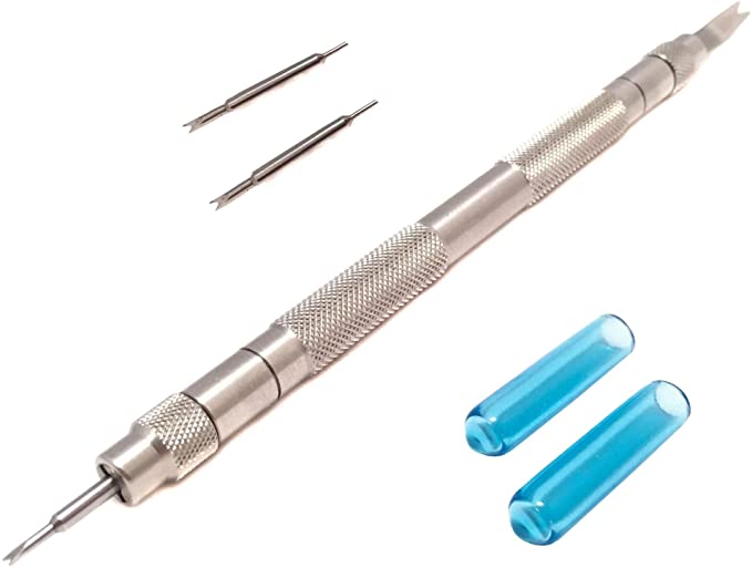 A silver tool with two blue tubes next to it