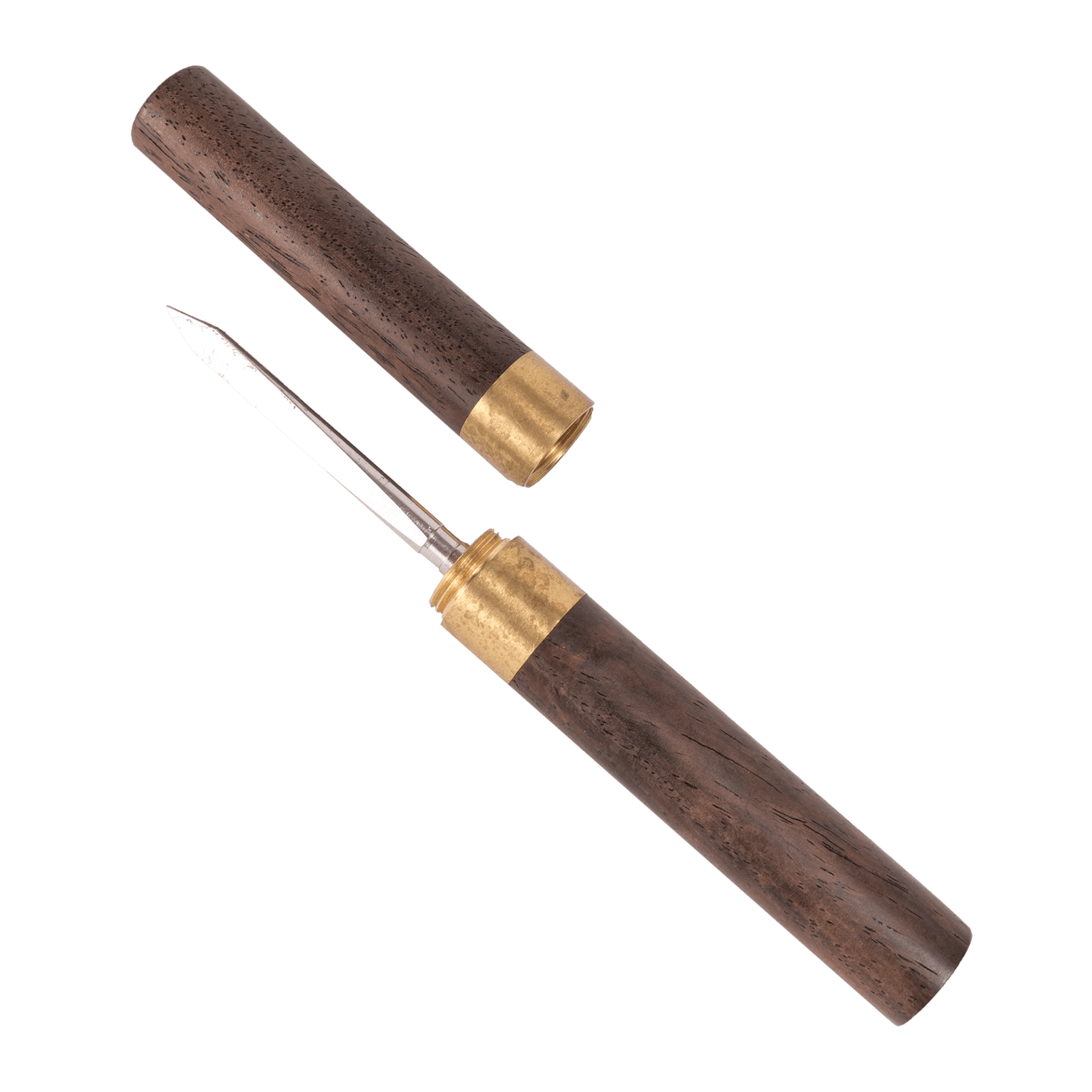 A wooden stick with a metal tip and a wooden handle on a white background.