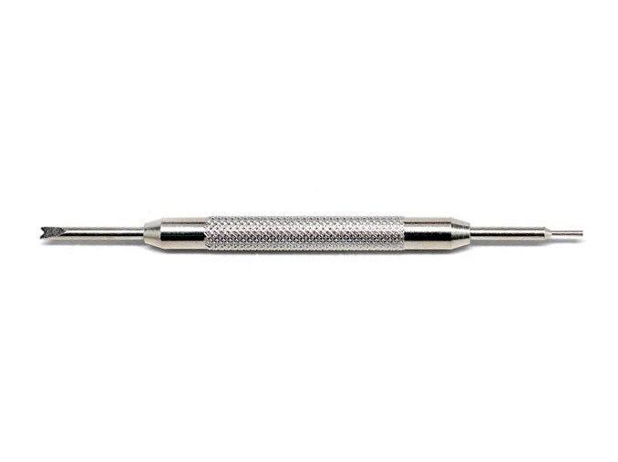 A close up of a metal tool on a white background.