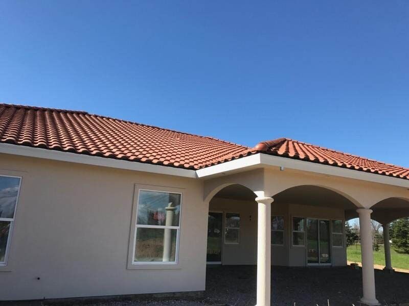 Blue sky above the roof — view in Galt, CA