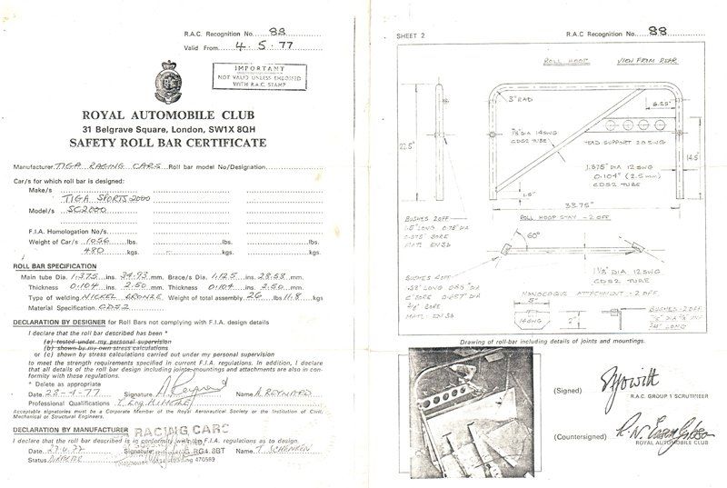 Tiga SC77 Roll Cage Certificate