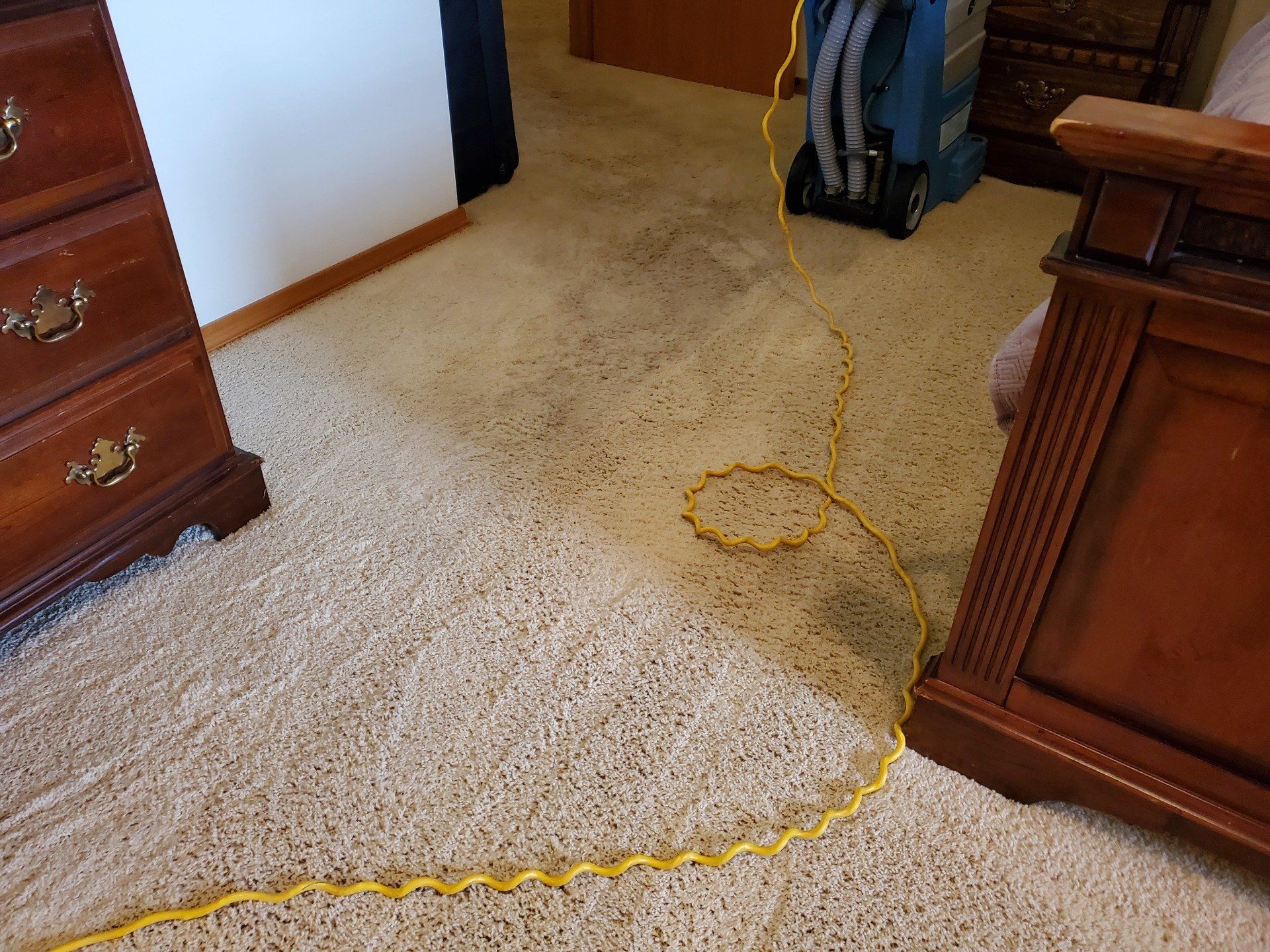 A vacuum cleaner is sitting on a carpet in a bedroom next to a dresser.