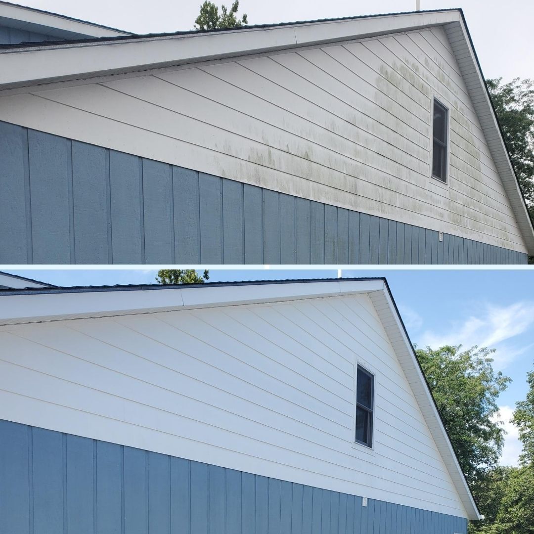 A before and after picture of a blue and white house.