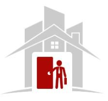 Red open door with person silhouette in front of a gray house icon background