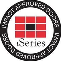 ISeries Impact Approved Doors logo with red and black grid icon