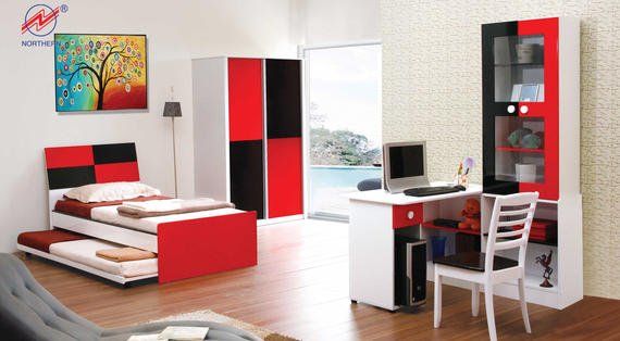 Bedroom furniture set: red and white bed, desk, cabinet, wardrobe with a painting, and a view of water.