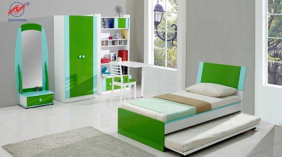 Green and white bedroom furniture set: bed with trundle, wardrobe, desk, bookcase, and vanity.