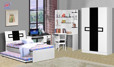 White and black bedroom furniture set: bed, desk, shelves, and closet. Gray walls, window, and rug.