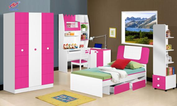 Pink and white bedroom set: wardrobe, desk, bed with drawers, and shelves.