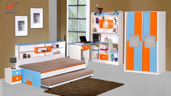 Modern children's bedroom set with a bed, desk, bookshelf, and closet, in blue, orange, and white.