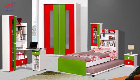 Colorful kids' bedroom furniture set: bed, desk, cabinet, wardrobe, and bedside table. White, red, green.