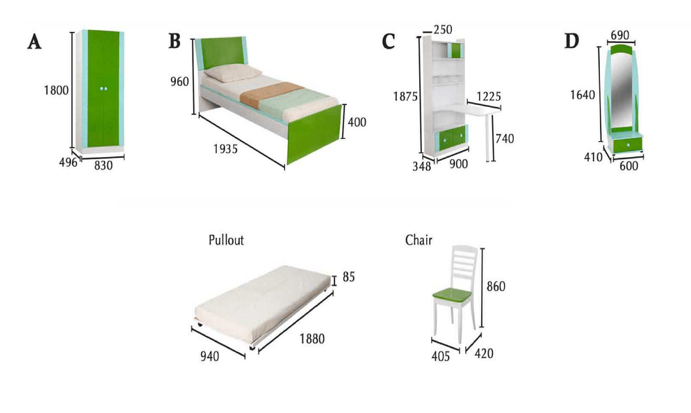 Bedroom furniture set: wardrobe, bed, desk with storage, vanity, pullout mattress, and chair.