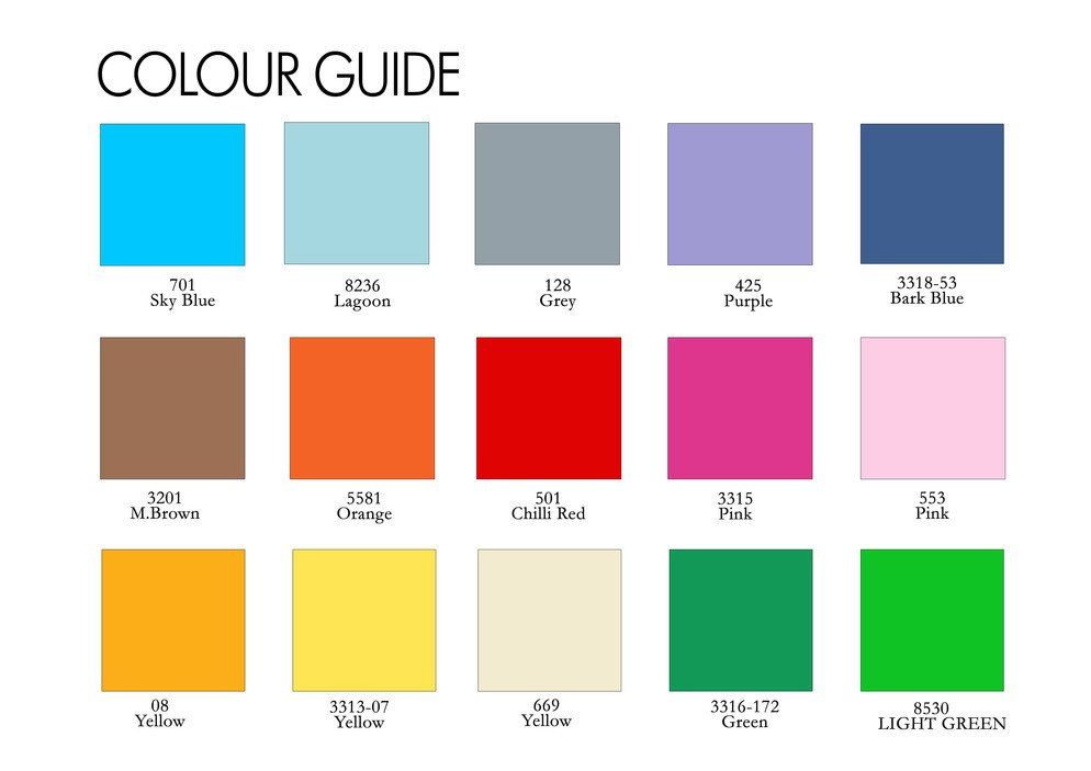 Color guide displaying 15 color swatches: sky blue, laguna, grey, purple, both mint, mocha, orange, chili red, pink, pink, yellow, yellow, cream, green, and lime.