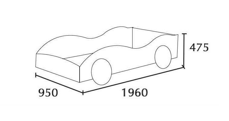 A child's car-shaped bed, dimensions in mm: 1960x950x475. Side view, white background.