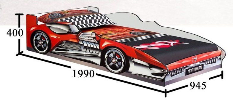 Red car-shaped bed with black and checkered details, dimensions 1990 x 945 x 400 mm.